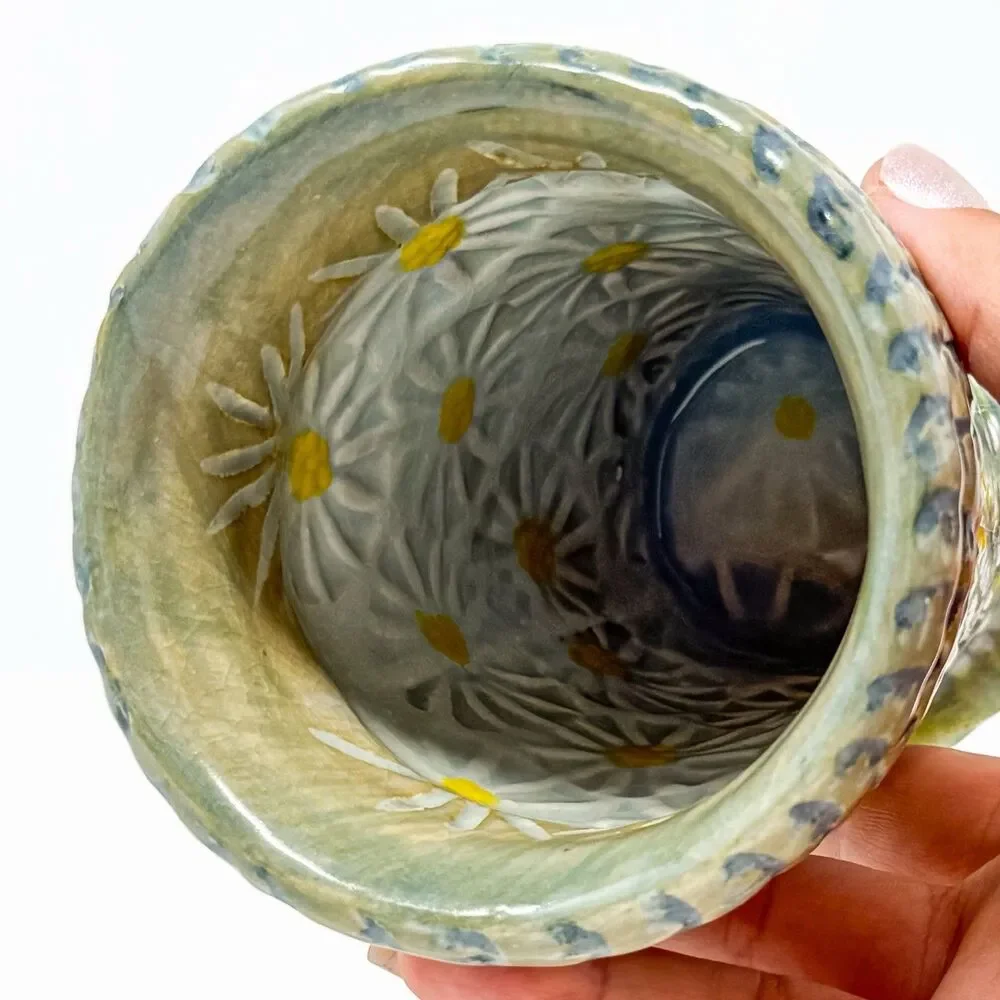 Signed Studio Art Pottery Vase Handmade Textured Floral Daisy Folk Art OOAK